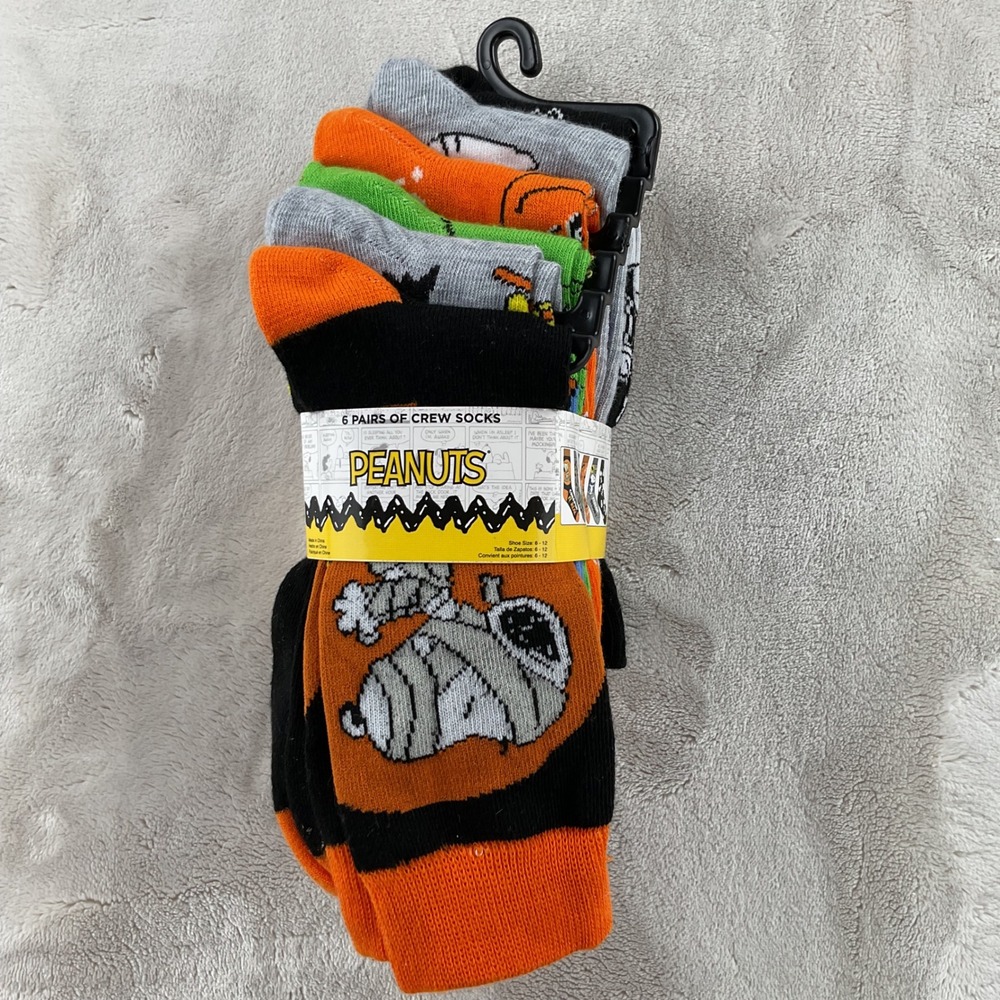 Peanuts Halloween Snoopy Woodstock Crew Socks 6 Pair Pack Mens Shoe Size 6-12